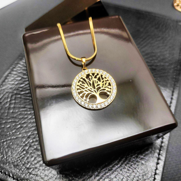 Подвеска "Дерево жизни" / Кулон 2,5 см. на цепочке Snake "Сингапур" под золото / Украшение женское на шею в обрамлении камней